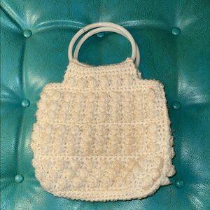 Vintage crochet ivory purse handbag acrylic round handles granny boho hippie